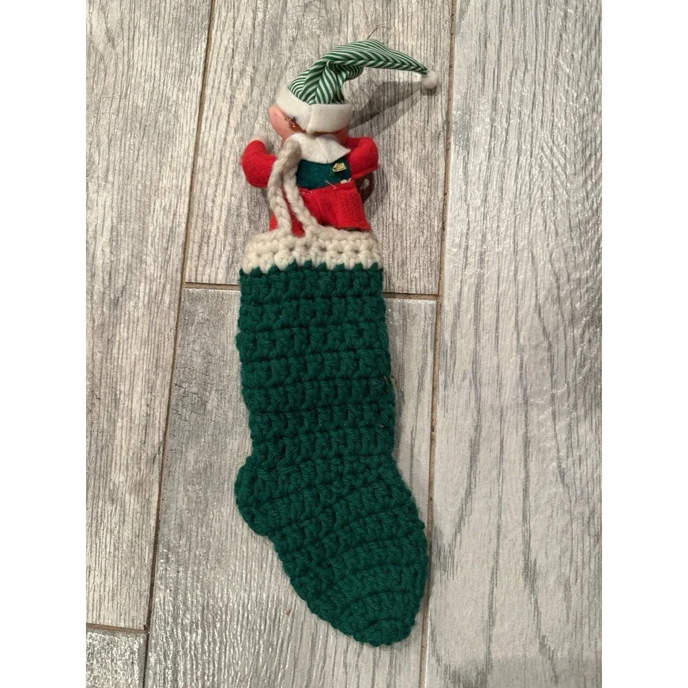 Vintage Pixie Santa Elf Knee Hugger Crochet Stocking Christmas Kitschy Rubber